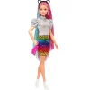 Barbie dukke med skjørt, regnbue hår og tilbehør