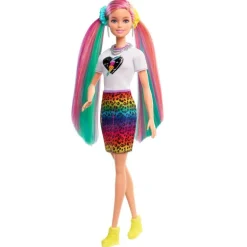 Barbie dukke med skjørt, regnbue hår og tilbehør