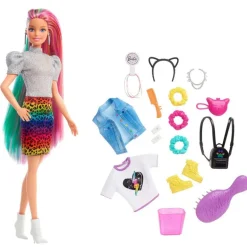 Barbie dukke med skjørt, regnbue hår og tilbehør