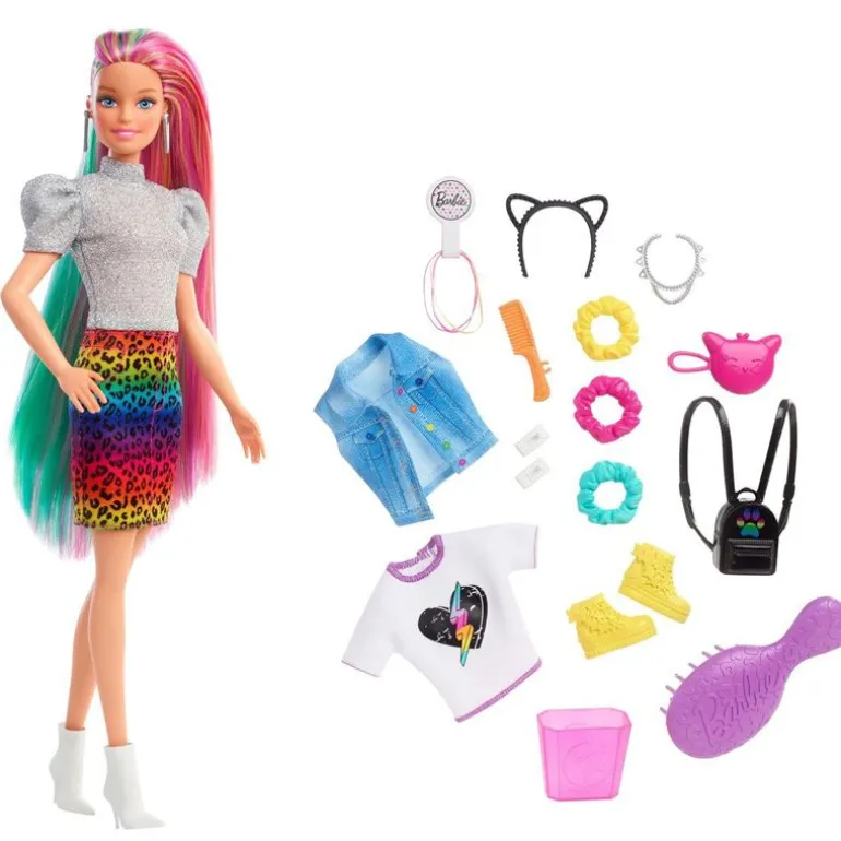 Barbie dukke med skjørt, regnbue hår og tilbehør