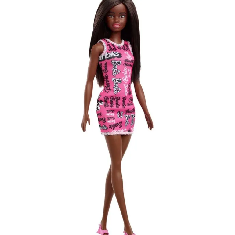 Barbie Basic Dukke m/ sort hår og rosa "Barbie" kjole