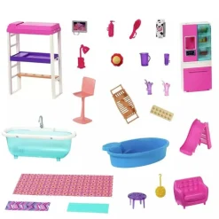 Barbie Dukkehus - Estate 2 etasjer med møbler og 3 dukker