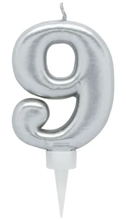 Bursdagslys Sølv 8 cm - Tallet 9