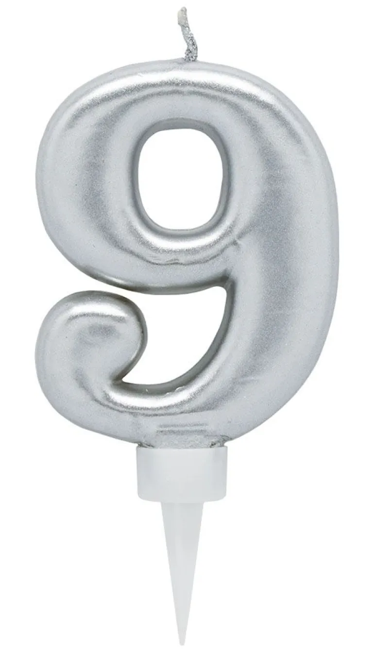 Bursdagslys Sølv 8 cm - Tallet 9
