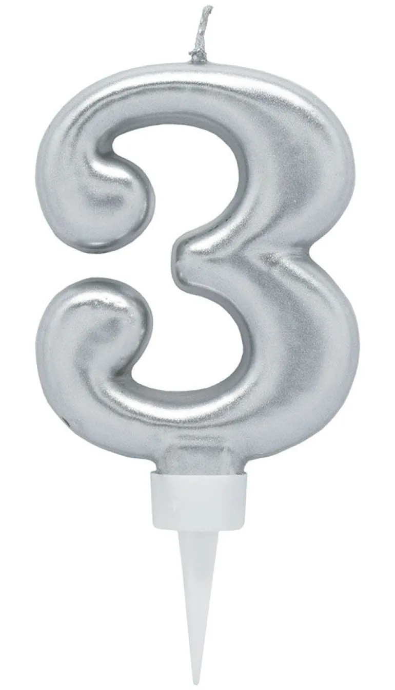 Bursdagslys Sølv 8 cm - Tallet 3