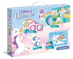 Clementoni 4 i 1 Memo, Domino, Kubepuslespill og Puslespill- Enhjørning