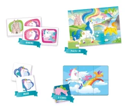 Clementoni 4 i 1 Memo, Domino, Kubepuslespill og Puslespill- Enhjørning