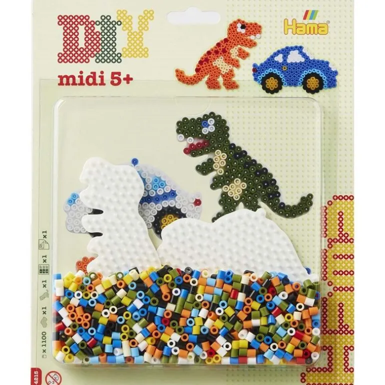 Hama Midi Perlesett Blisterpakke 1100 Perler - Bil og Dinosaur