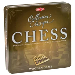 Sjakk klassisk spill i tre i tinnboks