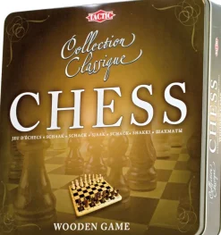 Sjakk klassisk spill i tre i tinnboks